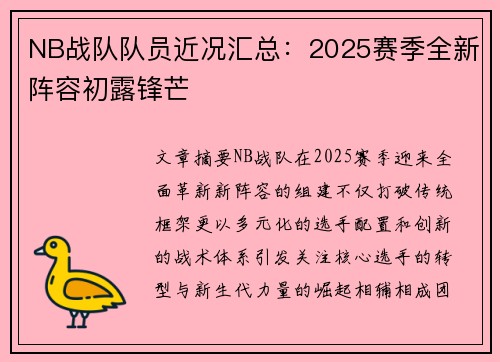NB战队队员近况汇总：2025赛季全新阵容初露锋芒