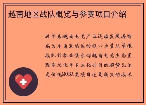 越南地区战队概览与参赛项目介绍